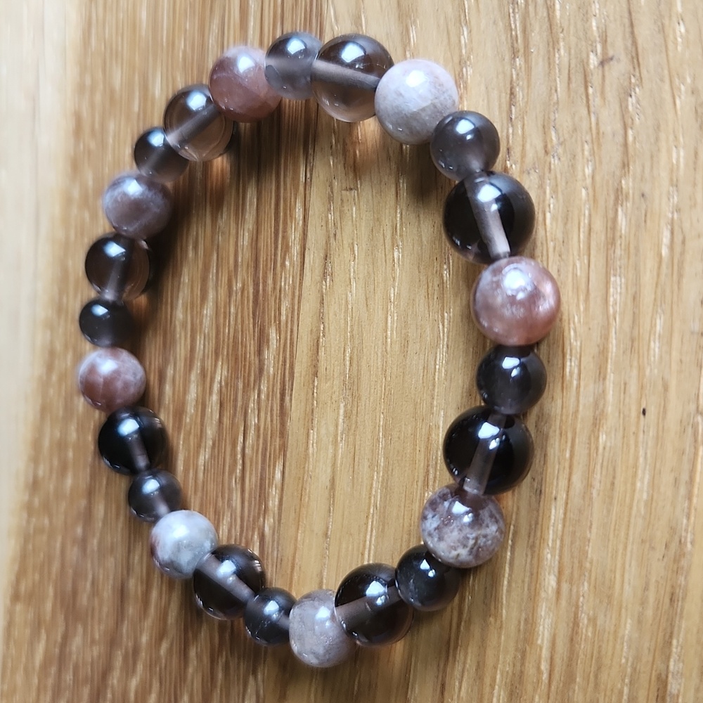 Fire Sunstone, Smoky Quartz & Ice Obsidian Bead Stretch Bracelet, Hand Crafted - Picture 6 of 9
